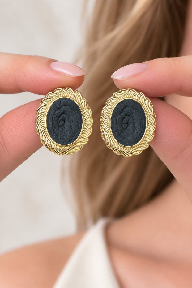 Women's Black Enamel Oval Earrings