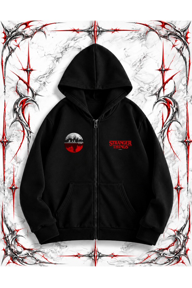 Stranger Things Oversize Zippered Black Unisex Hooded Cardigan