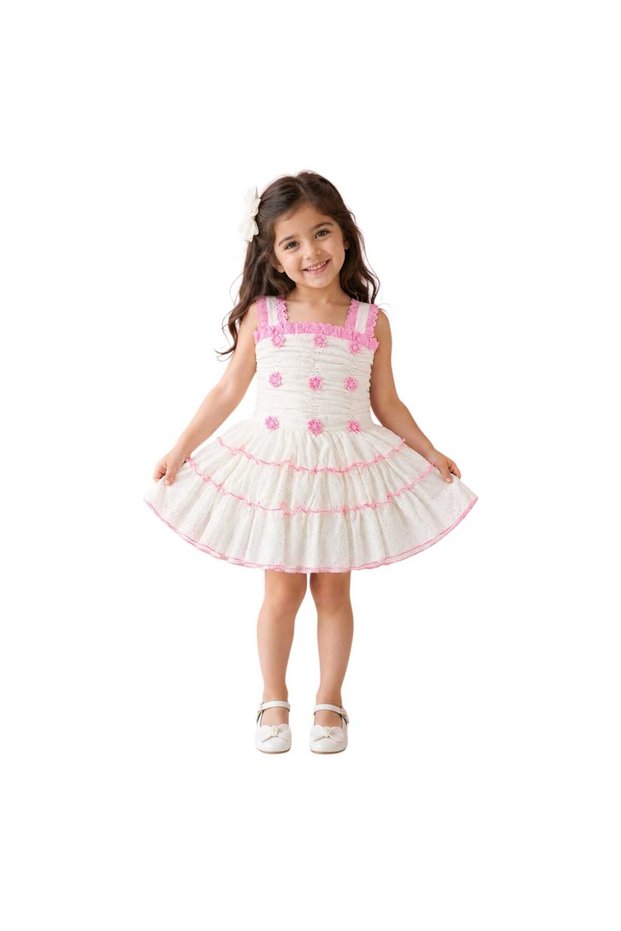 Girls Floral Cotton Dress – Sleeveless Lace Strap, Layered Ruffle & Flower Detail Party Dress