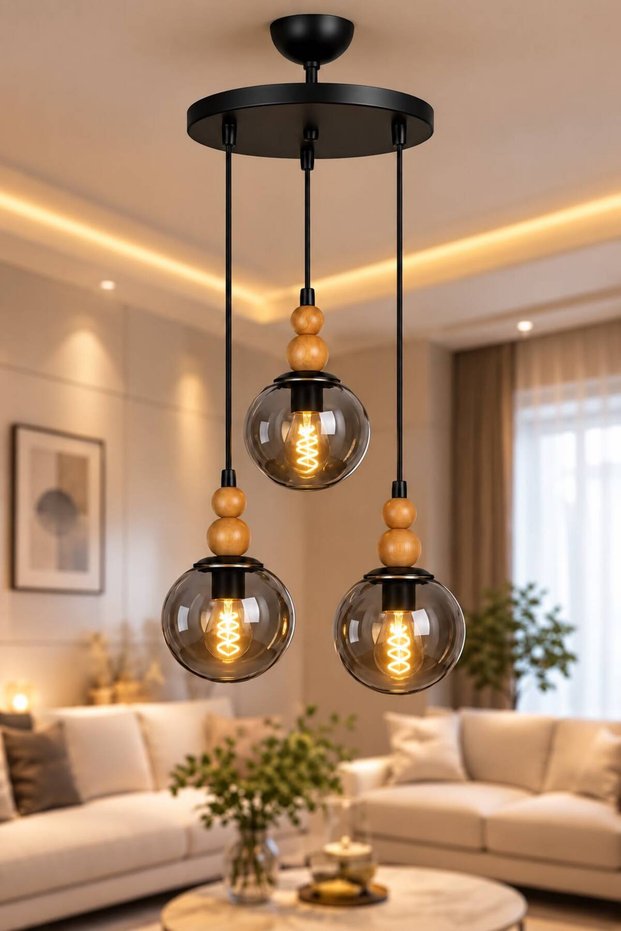 Vi̇ona 3-Piece Pendant Chandelier | | Black Body | | Smoked Glop Glass | | Natural Wood Detail Chandelier Modern Chandelier E-27 Retro Bohemian Living Room Chandelier Hall Kitchen Chandelier Decorative Lighting Chandelier Models with Glass