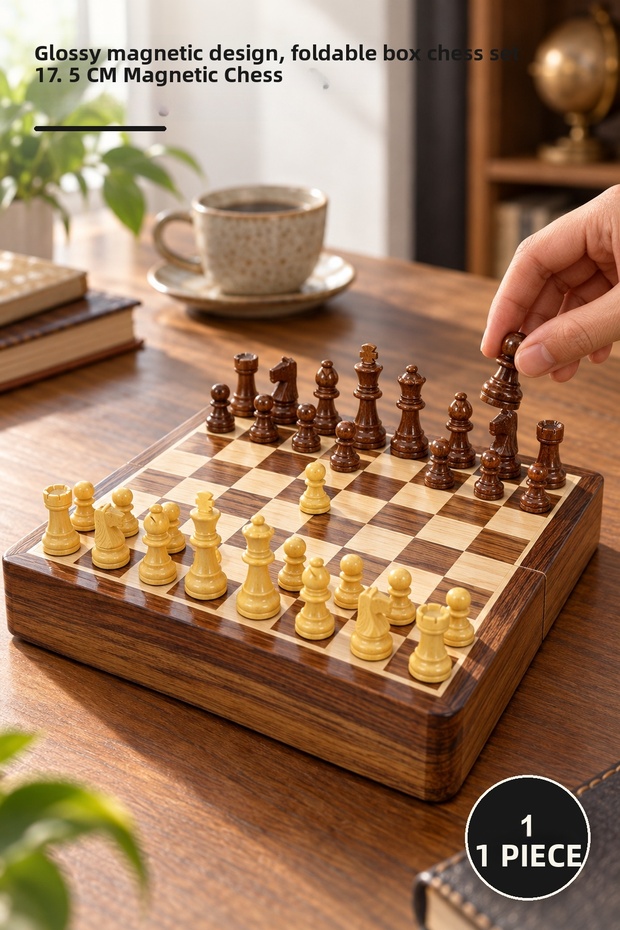 1 Piece Wooden Chess Set – Magnetic Design with Varnished Pieces, Board Game with Foldable Box 17.5 cm Magnetic Chess