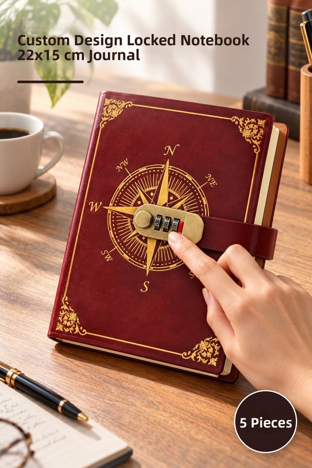 5 Leather Password Notebooks – Special Design Locked Notepad 22X15 cm Journal Notebook