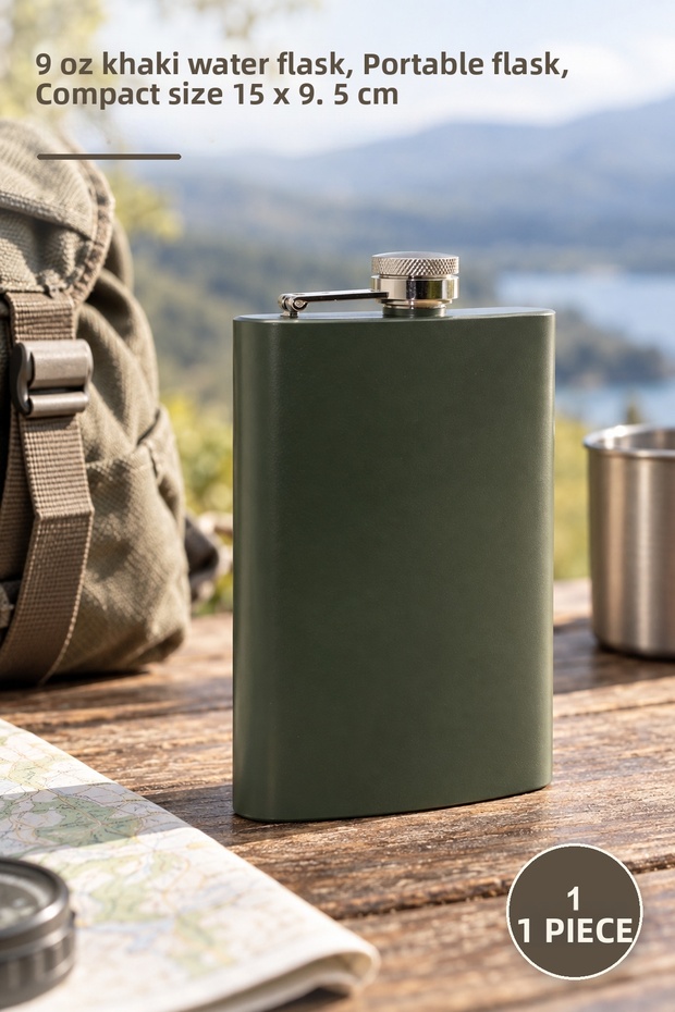 1 Piece Water Bottle – 9 oz Khaki Water Bottle, Portable Flask, Compact Bottle 15 X 9.5 cm