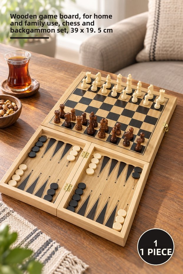 1 Piece Wooden Chess and Backgammon Set – Wooden Game Board, for Home and Family Use, Chess and Backgammon Set, 39 X 19.5 cm