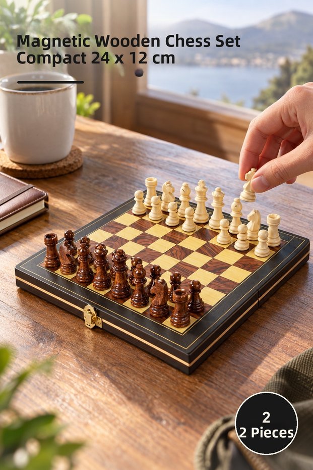 2 Pieces Wooden Chess Set with Magnetic Chambers – Magnetic Wooden Set Compact 24 X 12 Cm, Chess Set, Magnetic