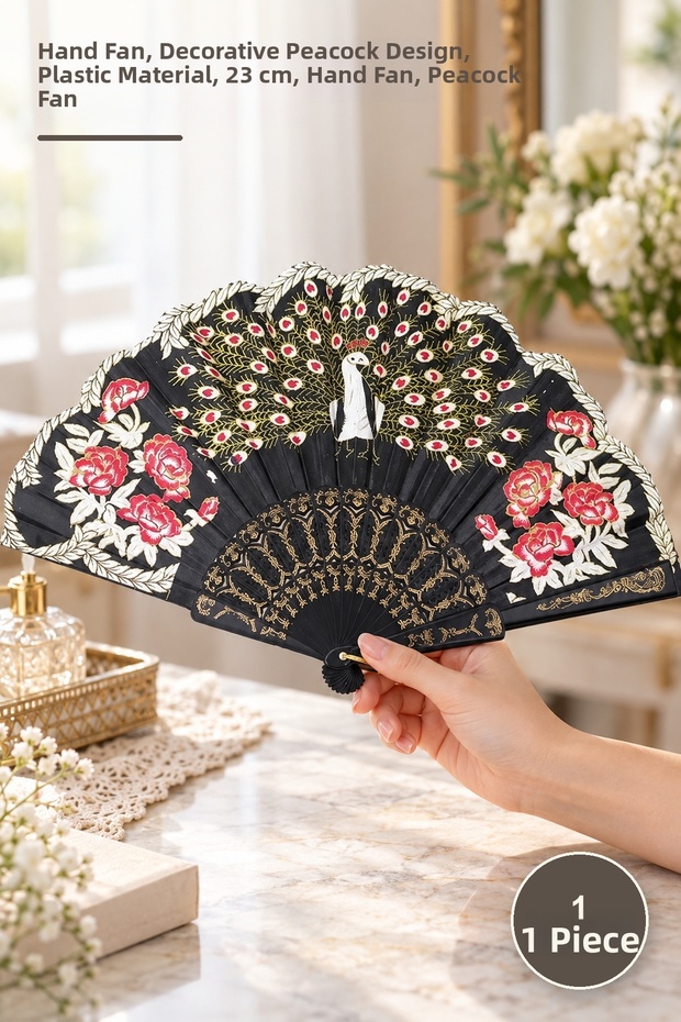 1 Piece Plastic Peacock Fan – Hand Fan, Decorative Peacock Design, Plastic Material, 23 Cm, Hand Fan, Peacock Fan