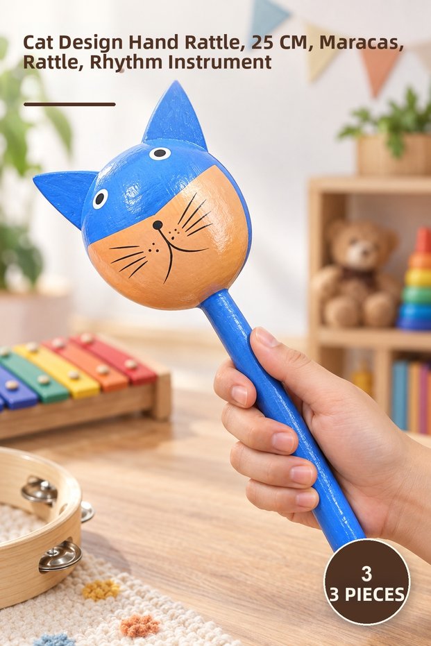 3 Pieces Wooden Maracas – Hand Instrument with Cat Design, 25 cm Length, Maracas, Rattle, Rhythm Instrument