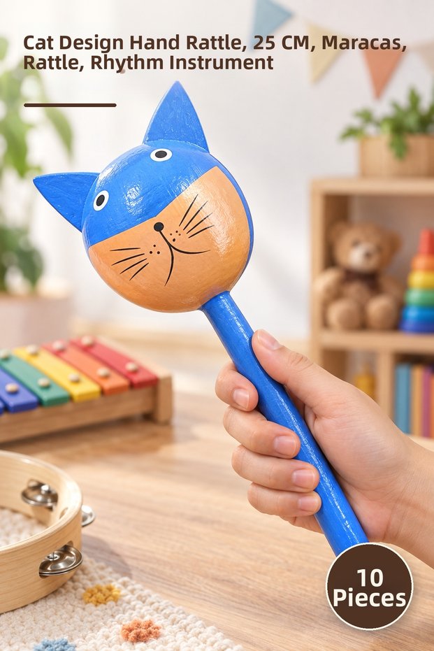 10 Pieces Wooden Maracas – Hand Instrument with Cat Design, 25 cm Length, Maracas, Rattle, Rhythm Instrument