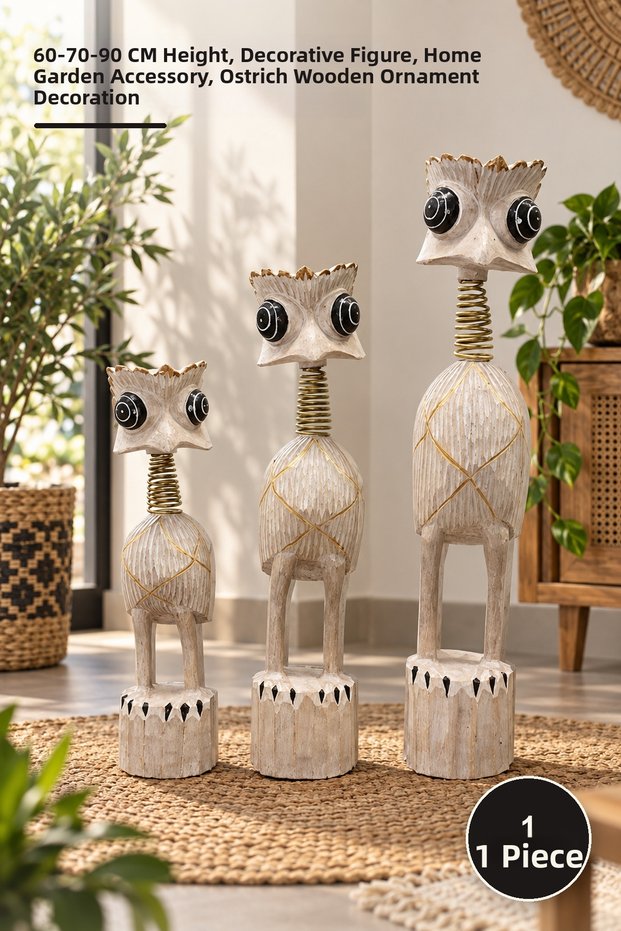 1 Piece Wooden 3-Piece Ostrich Decoration Set – 60-70-90 cm Height, Decorative Figure, Home Garden Accessory Ostrich Wooden Ornament Decoration