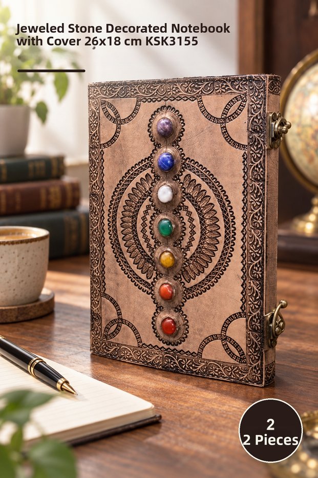 2 Pieces of Stone Decorated Leather Notebook – Covered Notepad with Stone Decoration Agenda Notebook Daily 26X18 cm Ksk3155
