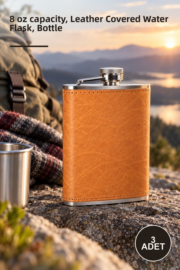 3 Leather-Clad Stainless Steel Flasks – 8 oz Capacity, Leather-Clad Water Flask, Flask, Bottle