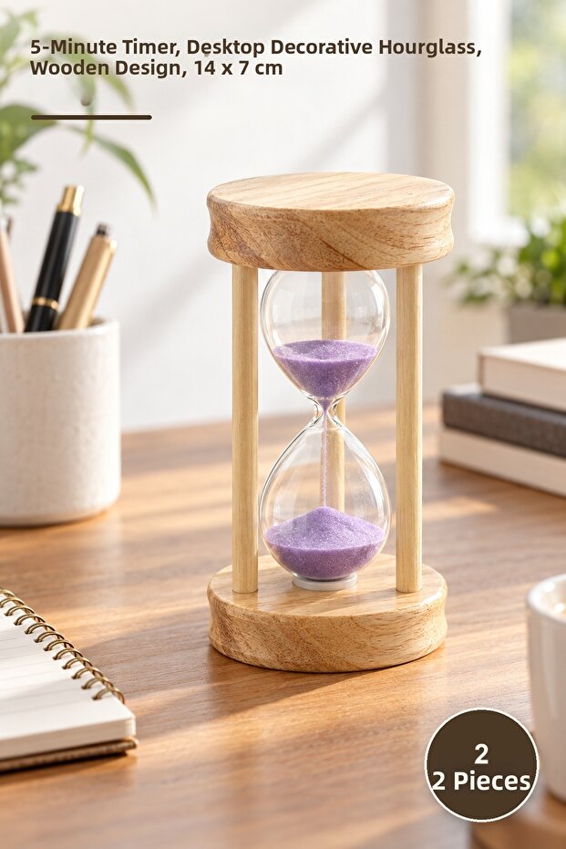2 Pieces Wooden Hourglass – 5 Minute Timer, Desktop Decorative Clock, Wooden Design Hourglass, 14 X 7 cm