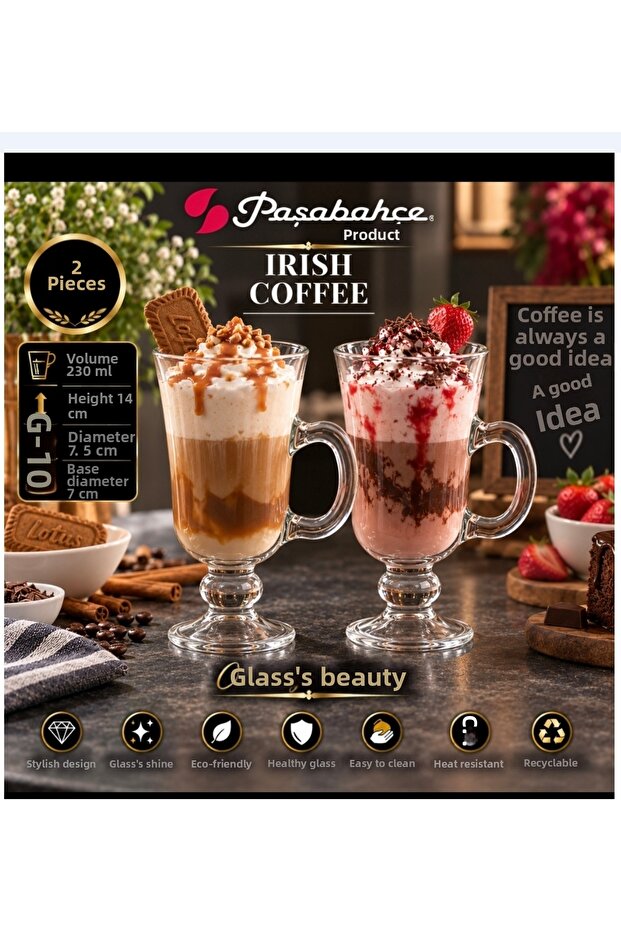 Latte Cup with Stand Irish Coffee Mug 2 Pieces 230 Cc Volume 14 cm Height 7.5 cm Mouth 7 cm Base