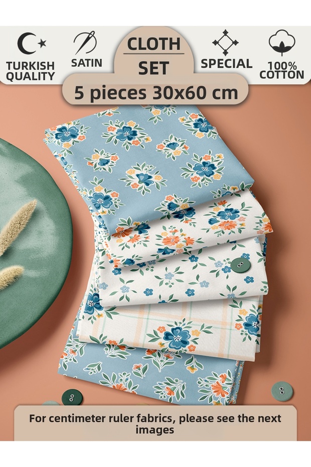 100% Cotton Fabric Panel Set 5 Different Patterns 30X60 cm – Vintage Floral Pattern, Blue, Orange and Green Tones