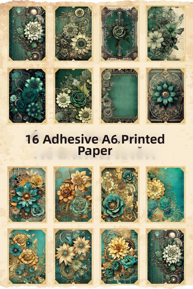16 Pieces of Antique Vintage Emerald Green Themed Adhesive Scrapbook Paper Set Bullet Journal Decoupage Paper Flower