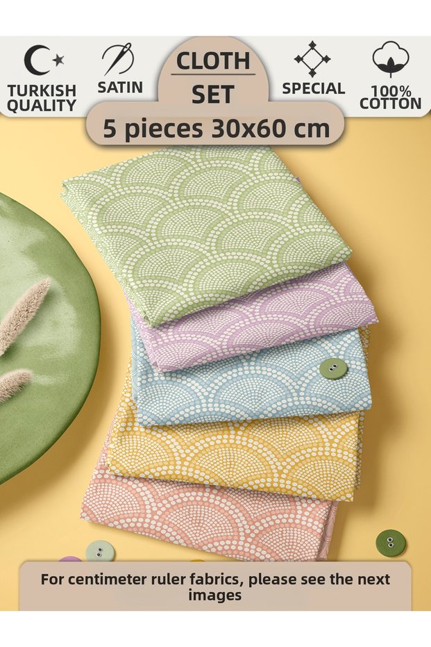 100% Cotton Fabric Panel Set 5 Different Patterns 30X60 cm – Geometric Dot Pattern, Green, Lilac, Blue, Yellow and Powder Shades