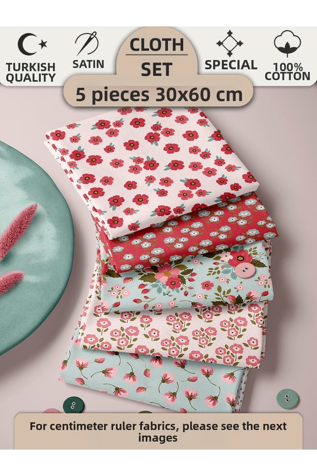 100% Cotton Fabric Panel Set 5 Different Patterns 30X60 cm – Vintage Floral Pattern, Pink, Burgundy, and Light Green Tones