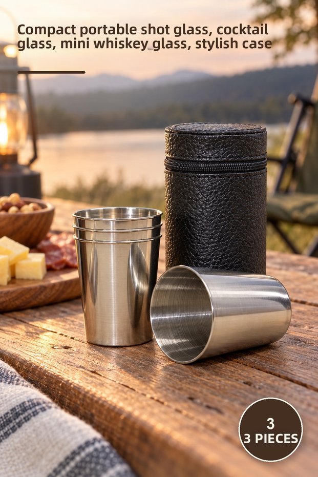 3 Shot Glasses with Leather Cases – Compact Portable Shot Glass, Shot Cup, Mini Whiskey Glass, Stylish Case