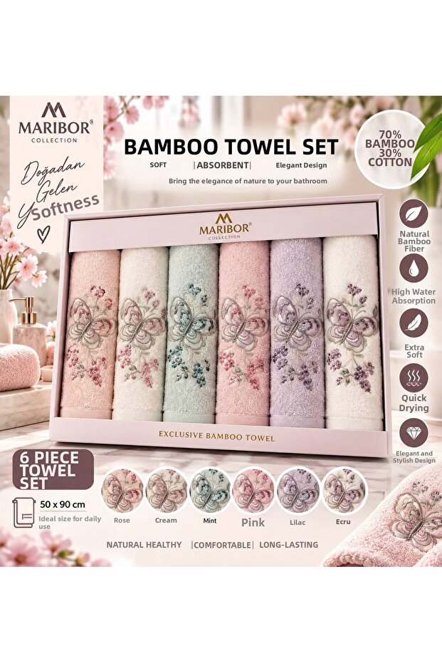 Bamboo Bathroom Kitchen 70% Bamboo / 30% Cotton 3D Embroidered Hand Towels - Set of 6 50X90
