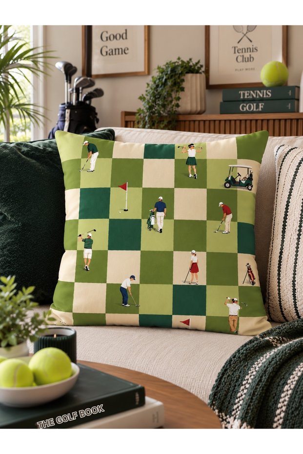 Golf Themed Decorative Throw Pillow Cover 43X43 cm – Green Plaid Patterned Double-Sided Suede Throw Pillow Cover