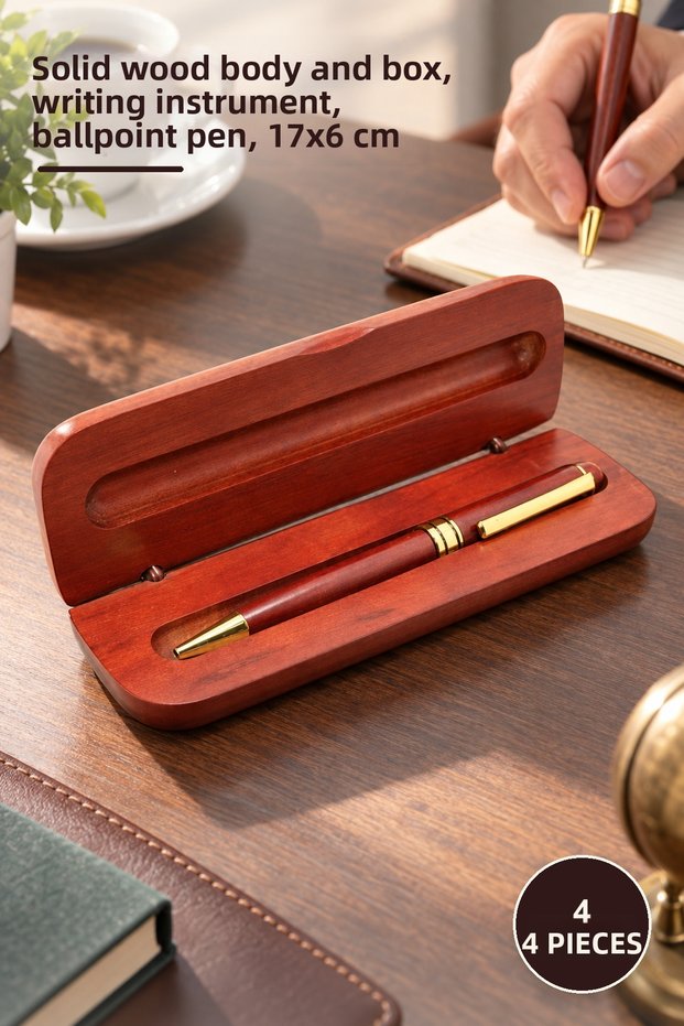 4 Pieces Ballpoint Pens with Wooden Box – Full Wooden Body and Box, Writing Tool, Ballpoint Pen, 17X6 cm