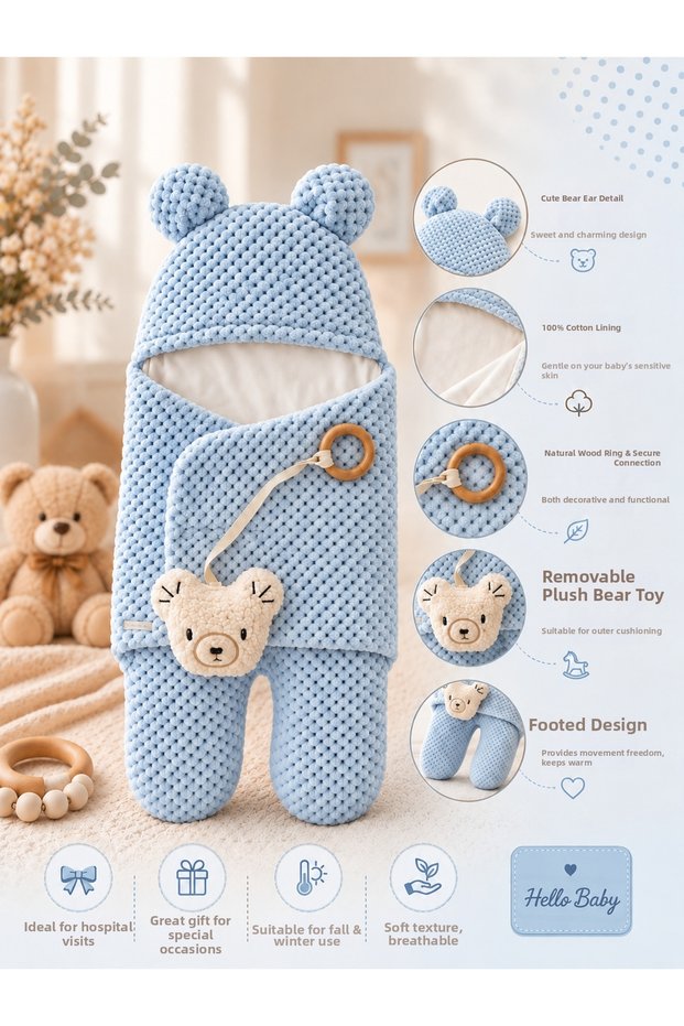 100% Cotton Extra Soft Winter Baby Blanket Swaddle Toy Sleeping Bag with Teddy Bear Ears