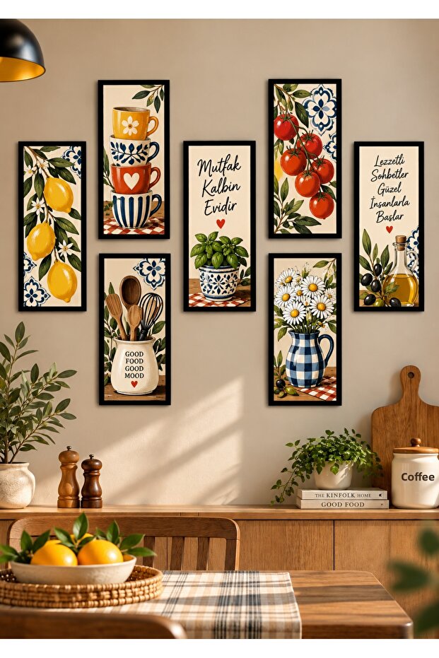 7 Piece Good Food Good Mood Kitchen Painting Set 10X20 cm Frame Look Mdf Decorative Wall Painting