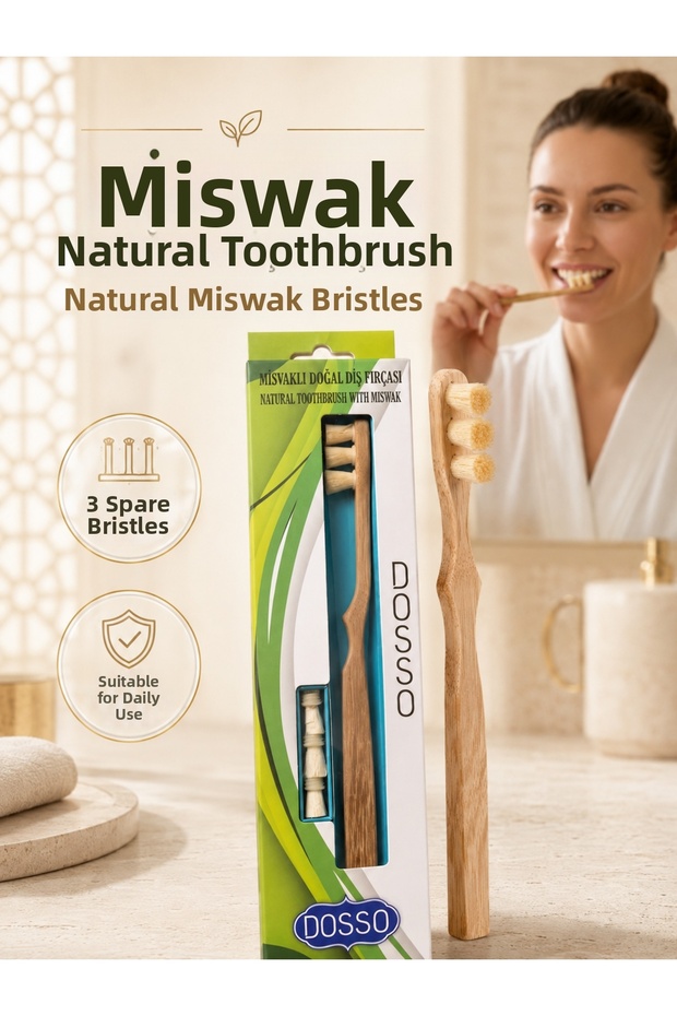 Natural Toothbrush with Miswak | Miswak Fiber Toothbrush with 3 Replacement Heads