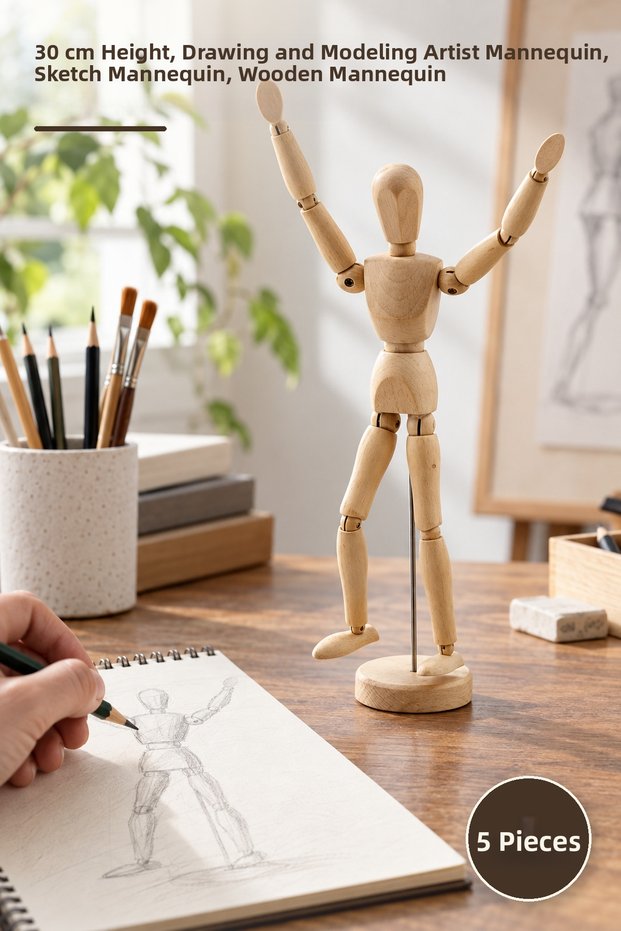 5 Pieces Wooden Sketch Mannequins – 30 cm Height, Artist Mannequin for Drawing and Modeling, Sketch Mannequin, Wooden Manikin