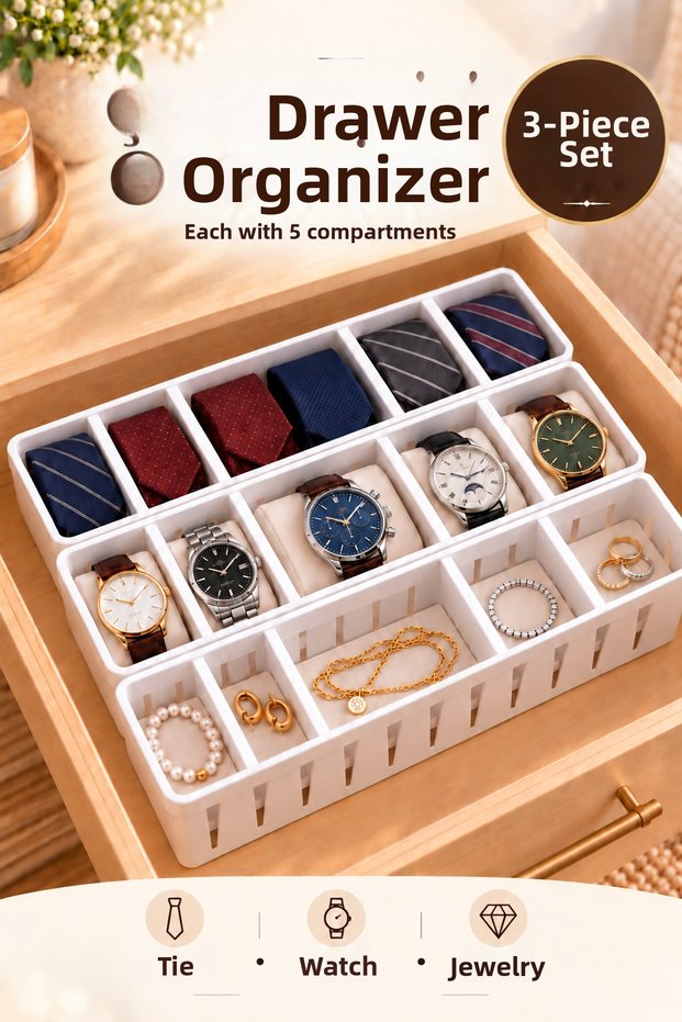 3-Drawer Organizer with 5 Compartments for Socks, Underwear and Accessories