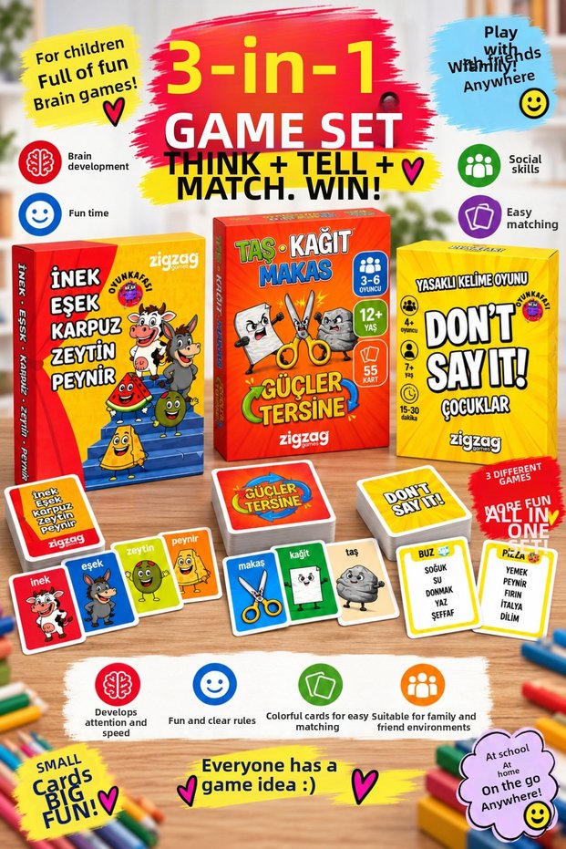 3-Piece Children's Intelligence and Entertainment Game Set: Cow, Donkey, Watermelon, Olive, Cheese + Rock, Paper, Scissors + Don'T Say It Kids
