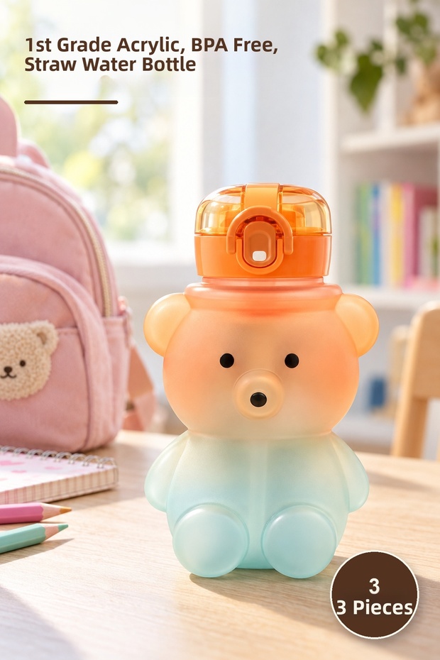 3 Pieces of Teddy Bear Water Bottles with Straws – 1. Derece Acrylic, Bpa-Free, Water Bottle with Straw, Flask, Straw Bottle