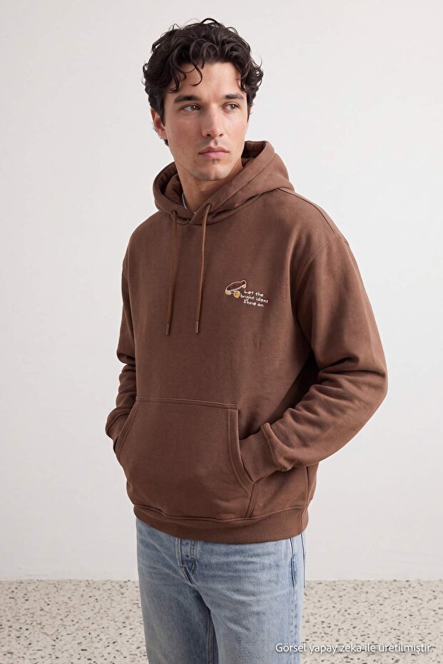 Light Brown Oversize/Wide Cut Minimal Text Printed Fleece Inside Sweatshirt Tmnaw25Sw00016