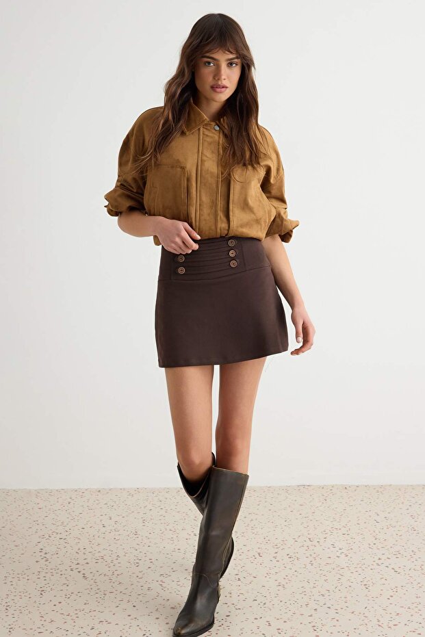 Brown Button Detailed Mini Length Knitted Shorts with Inner Shorts & Bermuda Twoaw27Sr00061