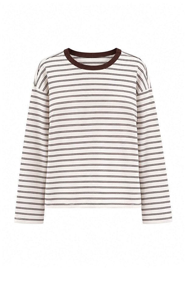 Kahverengi*001 Çizgili Premium Oversize/Geniş Kesim İnterlok Örme T-Shirt TWOAW27TS00027