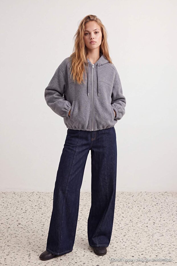 Gri Oversize Kalıp Kapüşonlu Kaşe Ceket Mont TWOAW27MO00087