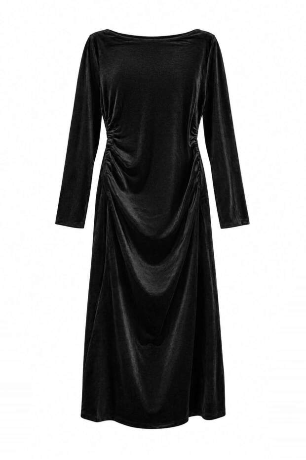 Siyah Kadife Büzgülü Fitted/Vücuda Oturan Esnek Maxi Örme Elbise TBBAW27AH00048