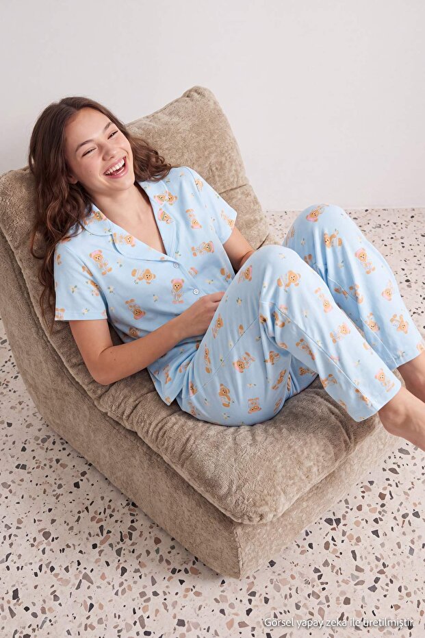 Teen Blue 100% Cotton Teddy Bear Patterned Knitted Pajamas Set Thmss26Pt00025