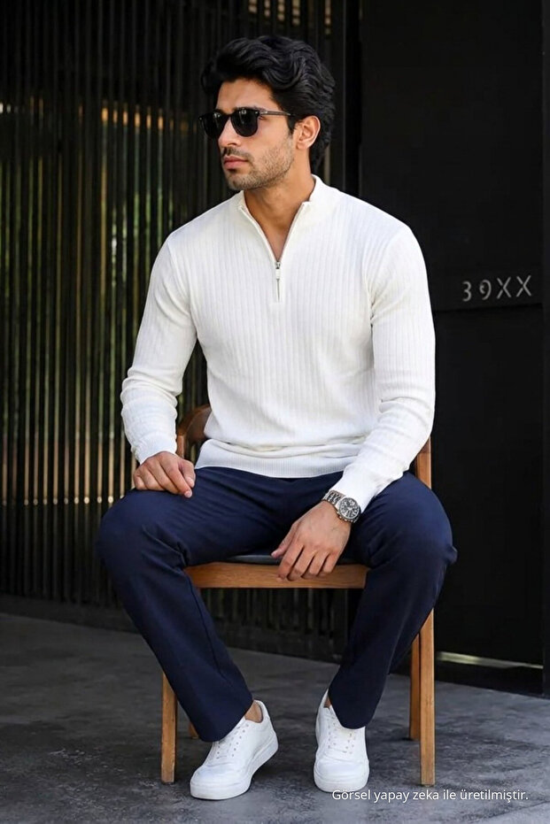 Men's Premium Knitwear Striped White Winter Sweater