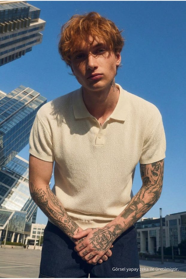 Men's Textured Elite Comfort Loose Cream Polo Neck T-Shirt