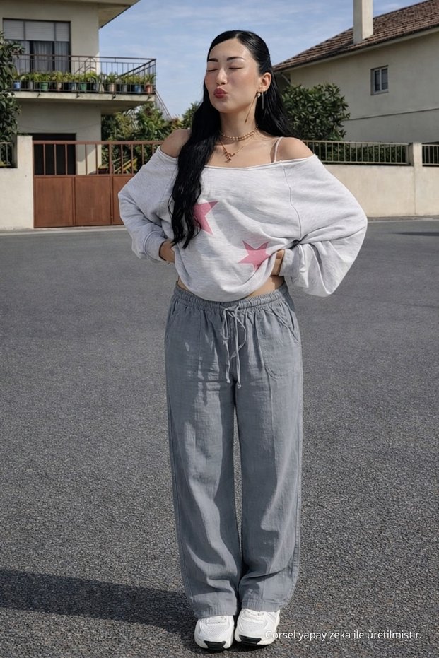 Women's Elastic Waist Wide Leg Gray Linen Trousers