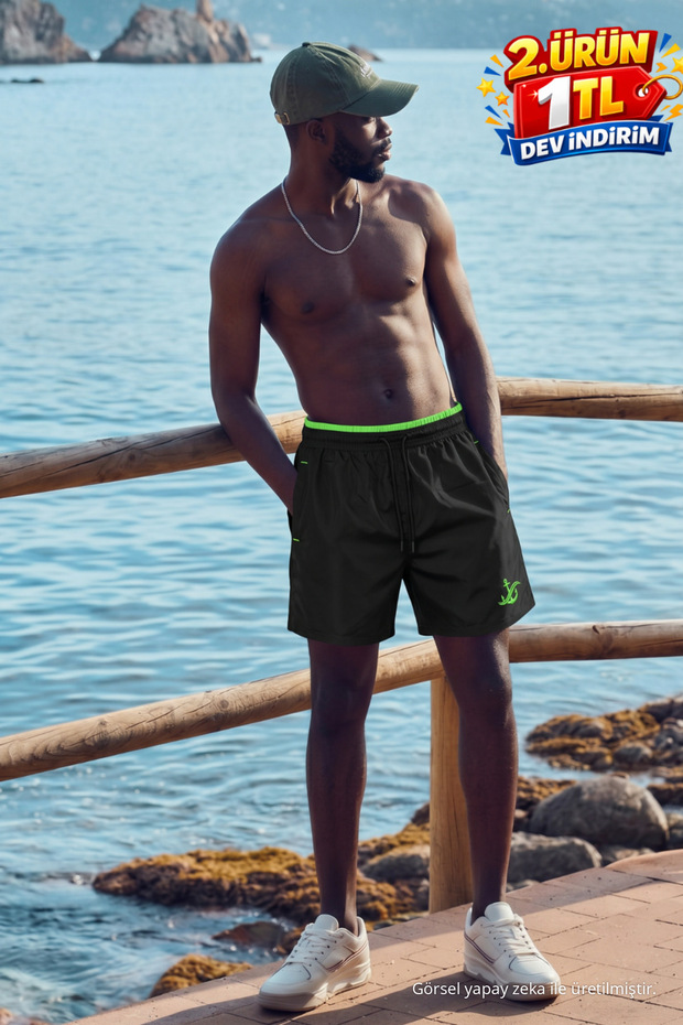 Men's Short Length Zipper Pocket Y.Black Beach Swim Shorts