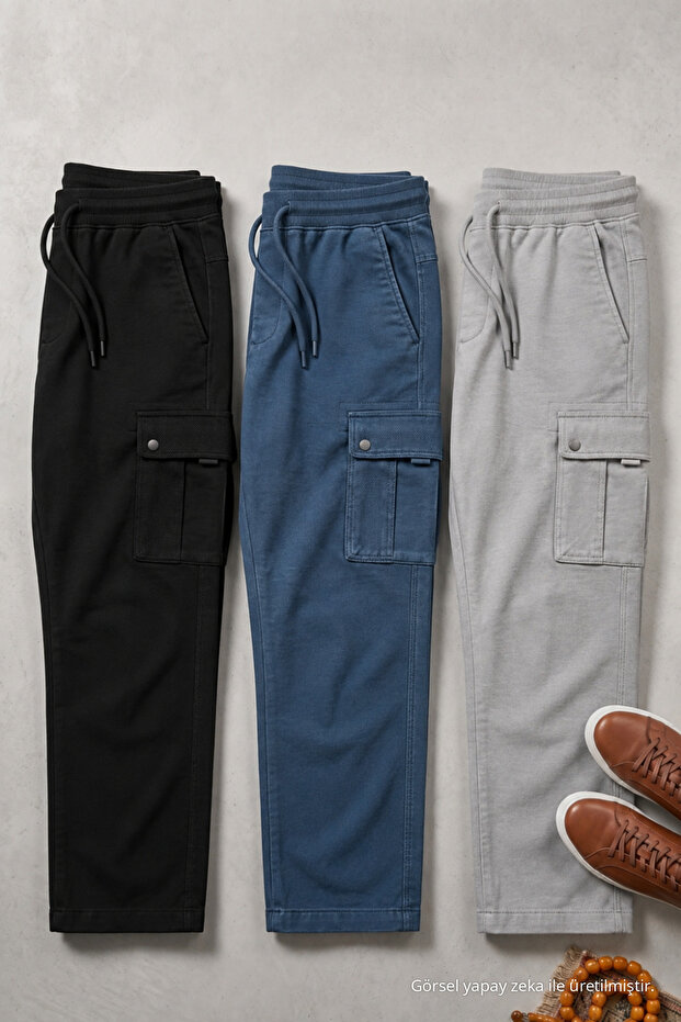 Men's 3-Piece Cargo Linen Trousers with Elastic Waist