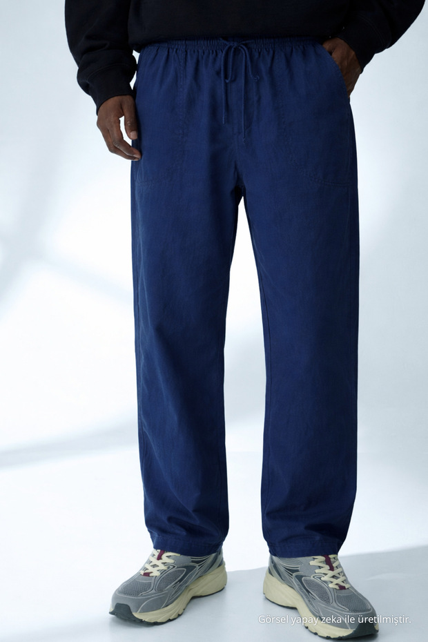 Men's Casual Summer Trend Loose Navy Blue Linen Trousers