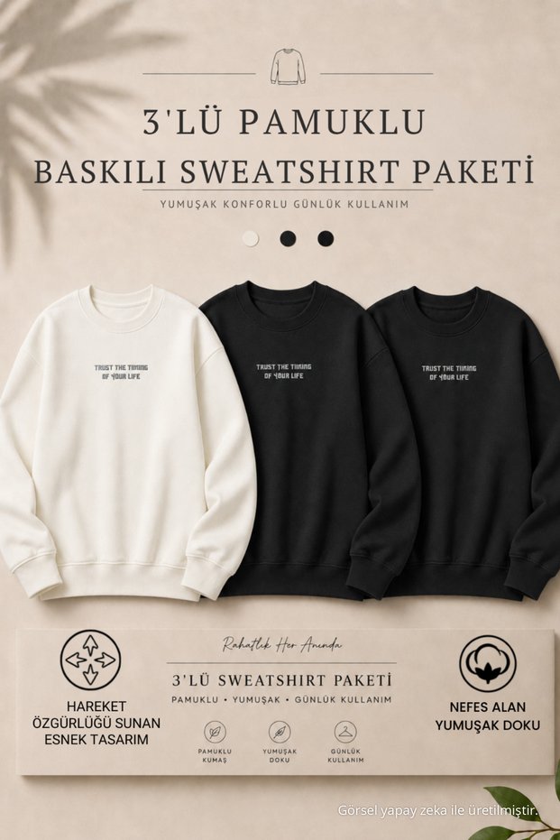 3 Pieces Men's Cotton Printed Regular Fit Sweatshirt