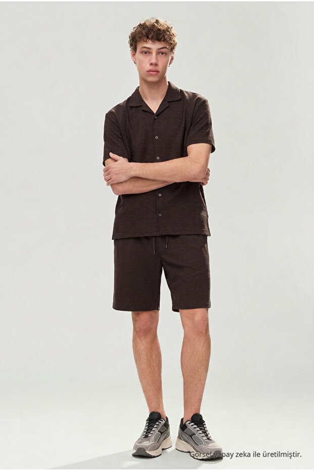 Men's Premium Comfortable Shirt Jogger Linen Shorts Coffee Two-Piece Set