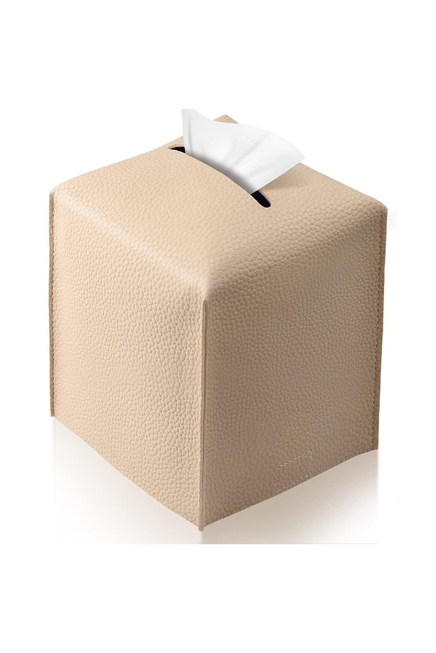 beige Modern PU Leather Square Tissue Box Cover Holder-Decorative Holder/Organizer for Bathroom Vani