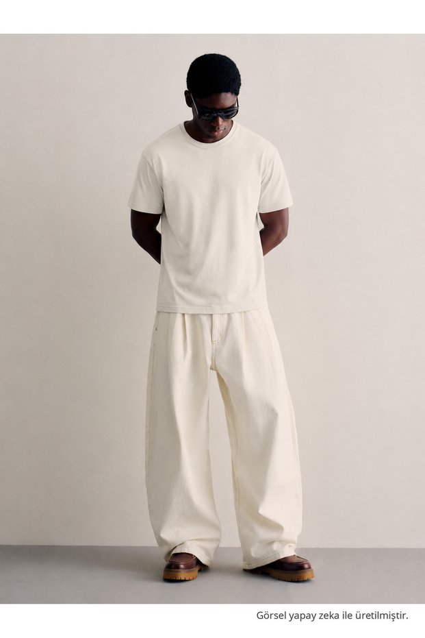 Men's Regular Crew Neck Cotton Basic Cream T-Shirt