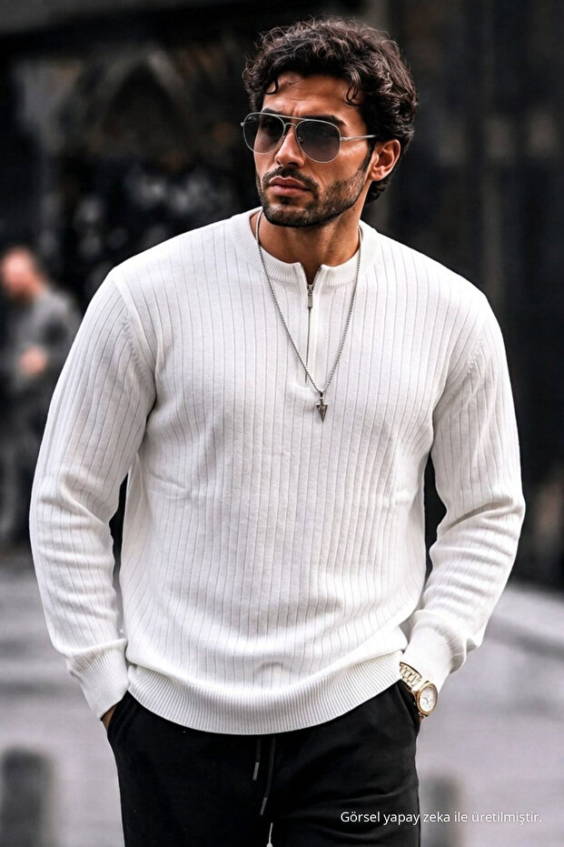 Men's Regular Striped Casual White Knitwear Sweater