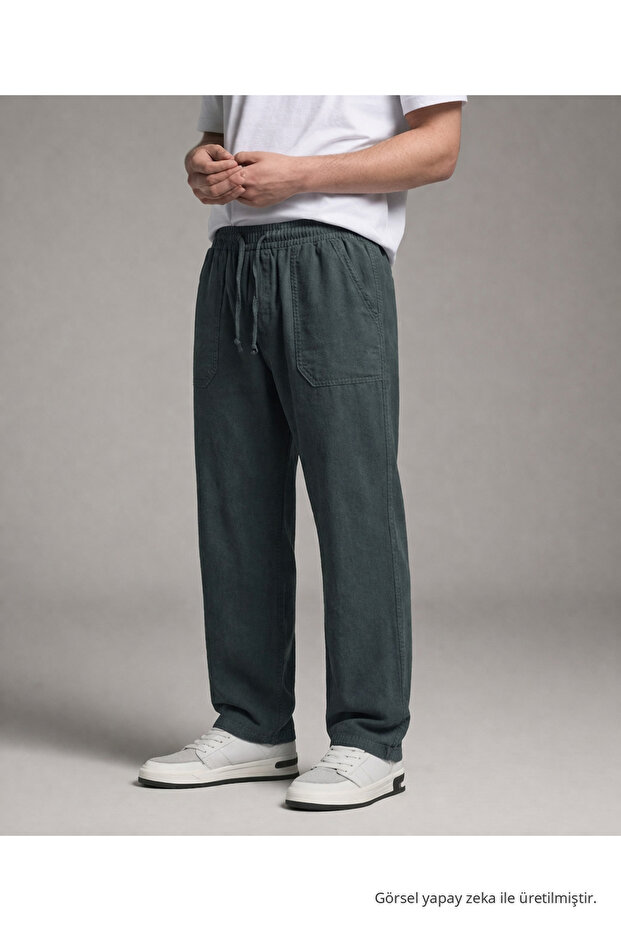 Men's Elastic Waist Loose Leg Khaki Linen Trousers